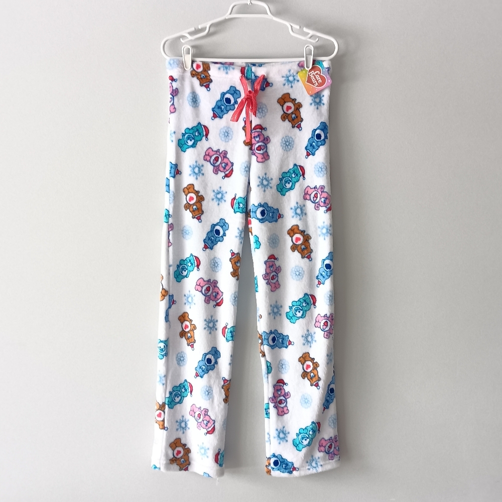 NEW Care Bears Christmas Fleece Pajama Pants Drawstring White Pink Blue Medium